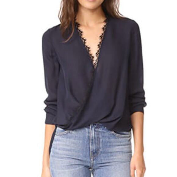L'AGENCE Tops - L’Agence | Rosario Silk Blouse w Crossover Snap Front Lace Trim Sz S Navy, Black